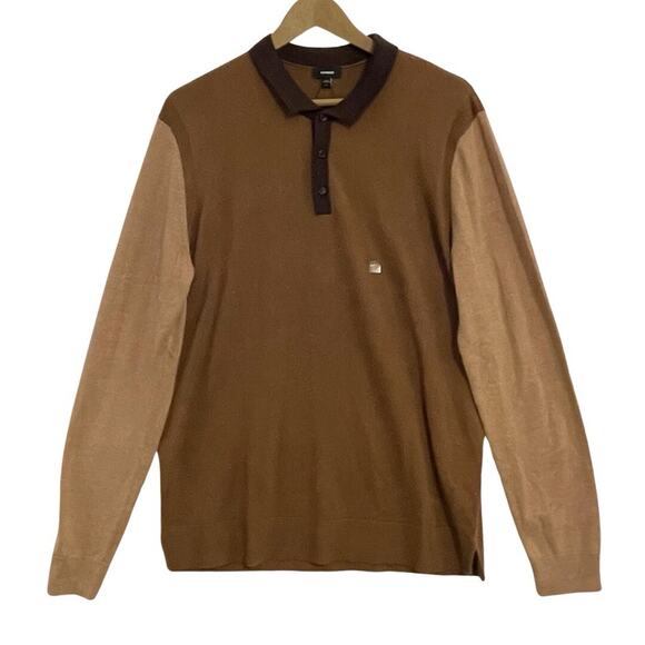Express Men’s Merino Wool Polo Sweater Large Brown Color Block Long Sleeve NEW - Picture 1 of 11